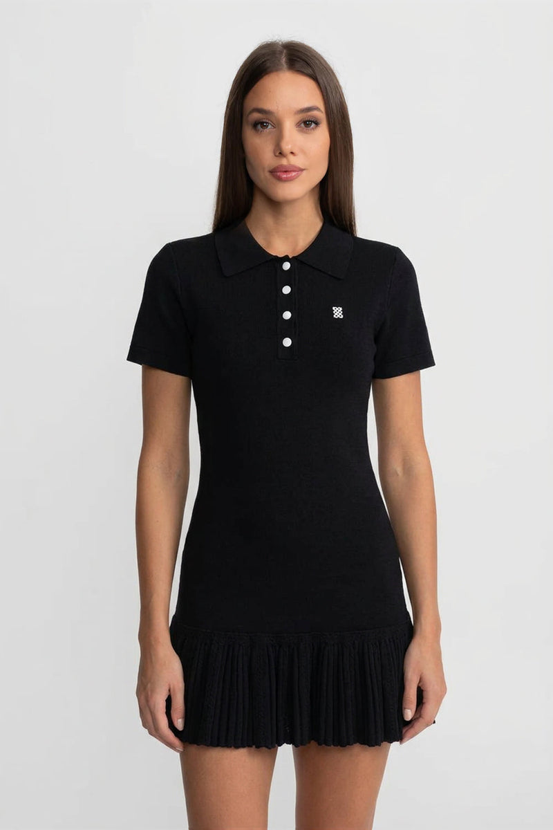 Knit Polo Collar Short Sleeve Mini Dress with Pleated Ruffle Hem – Black