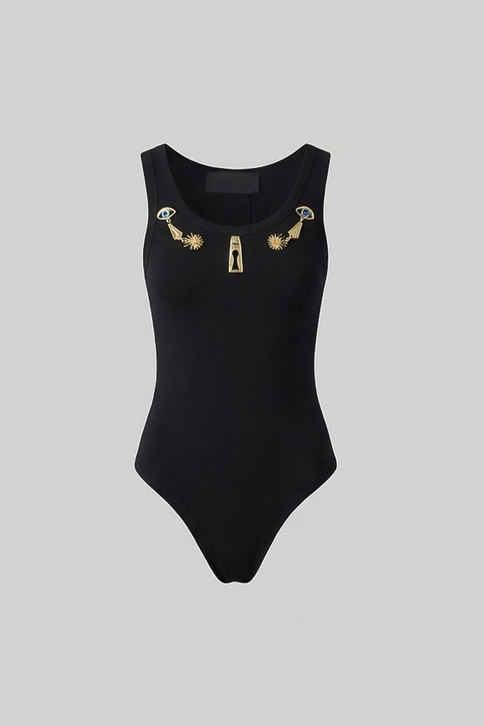Embellished Sleeveless Scoop Neck Bodysuit with Gold Charms – Black