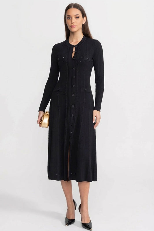 Pointelle Knit Button-Front Midi Dress with Keyhole Neck – Black