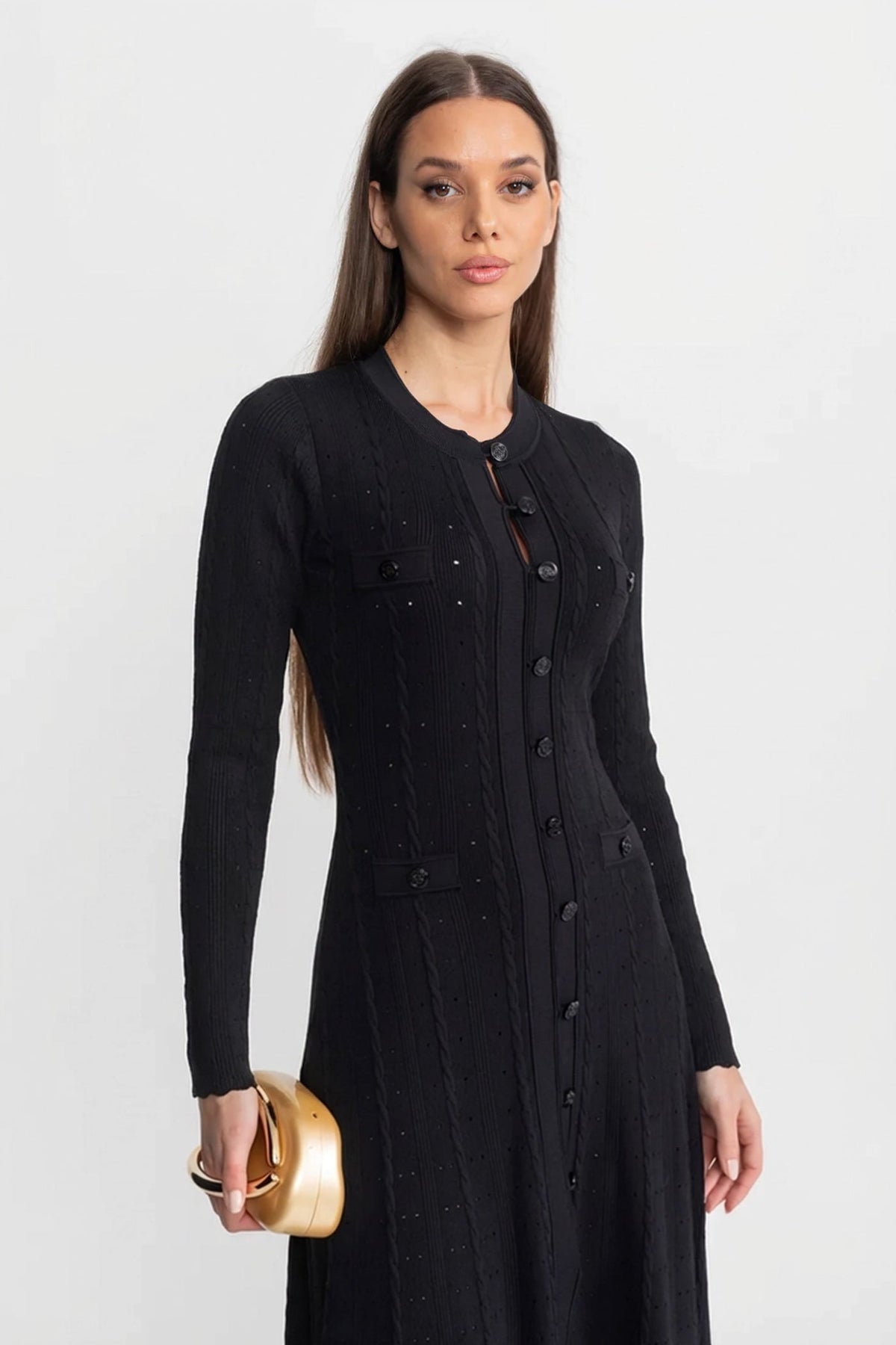 Pointelle Knit Button-Front Midi Dress with Keyhole Neck – Black – view 3