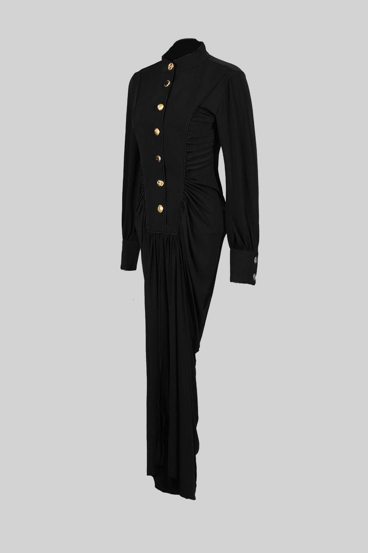 High Neck Long Sleeve Maxi Dress with Gold Statement Buttons – Black – view 10