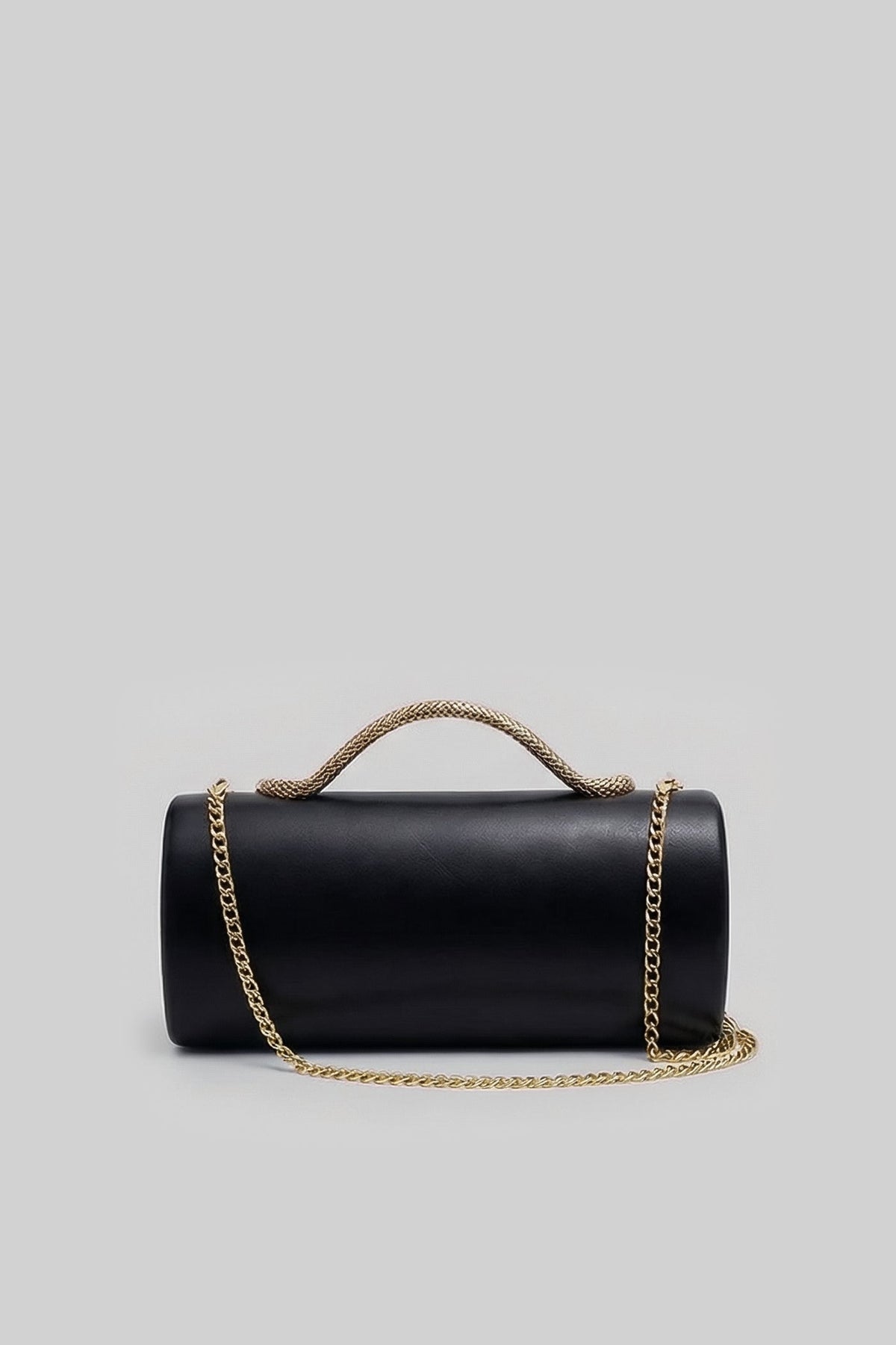 Structured Faux Leather Clutch with Snake Handle and Gold Chain – Black – view 3