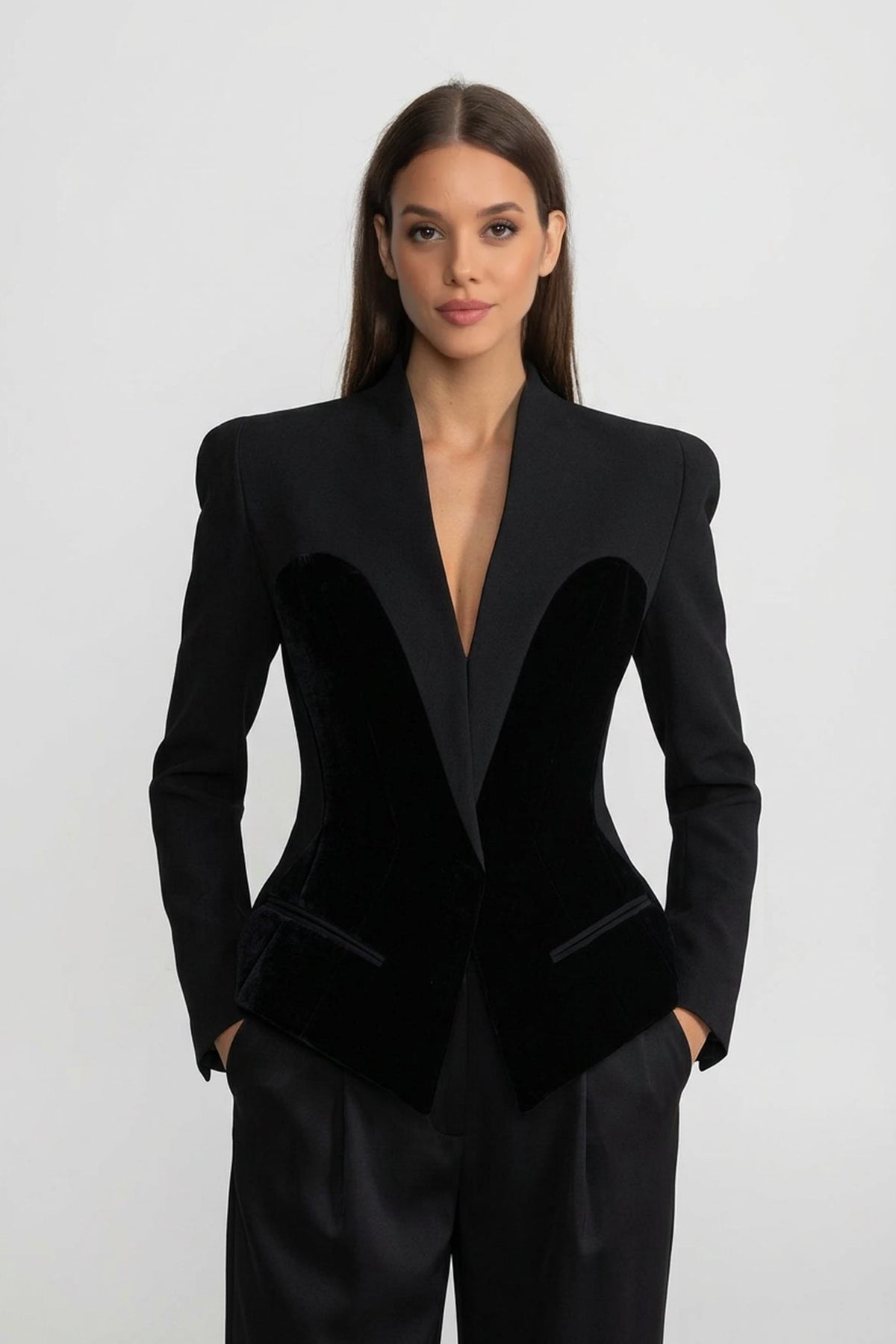 Plunge Neck Tailored Blazer with Velvet Corset-Style Panels – Black – view 1