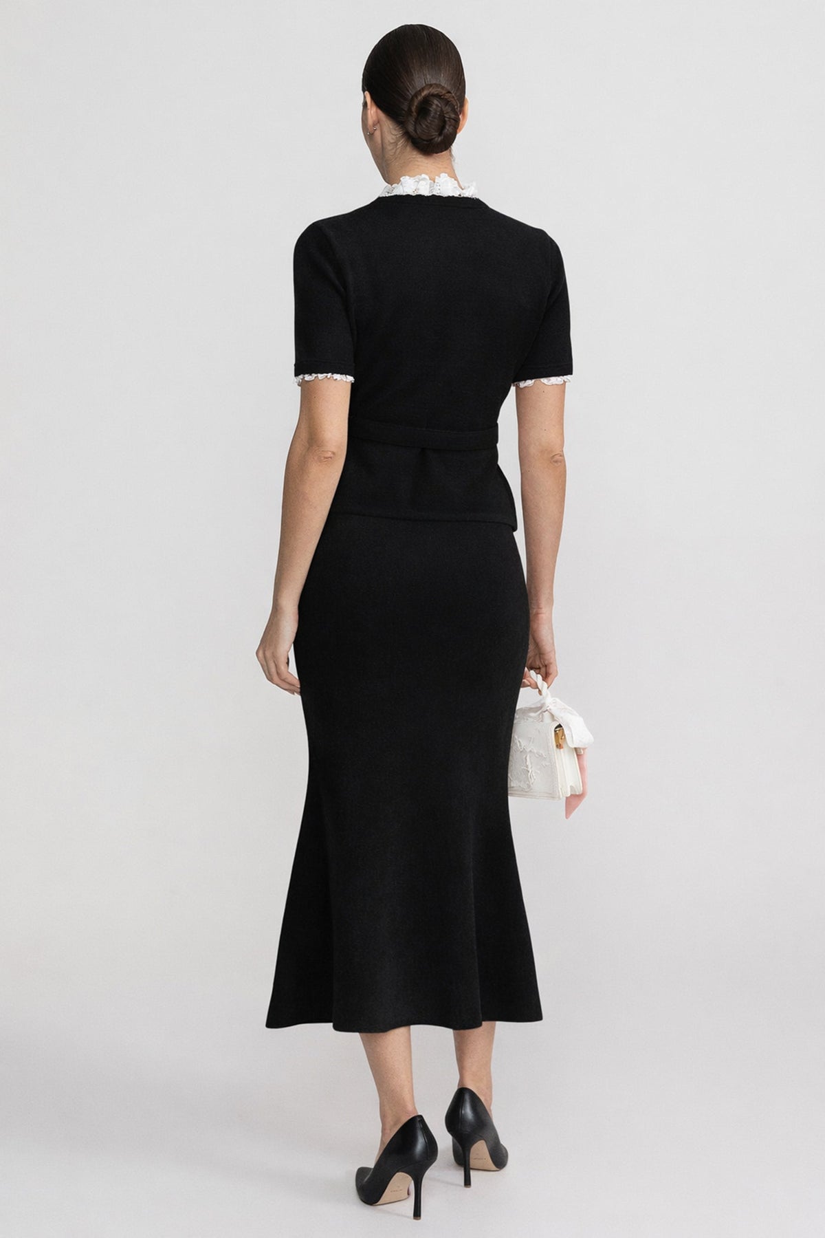 Peplum Knit Top and Fluted Midi Skirt Set with Crystal Belt – Black – view 3