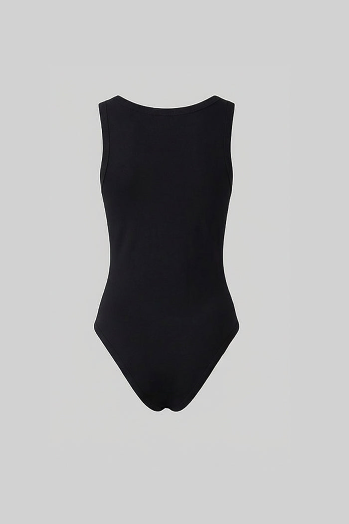 Embellished Sleeveless Scoop Neck Bodysuit with Gold Charms – Black