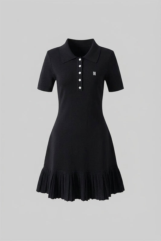 Knit Polo Collar Short Sleeve Mini Dress with Pleated Ruffle Hem – Black – view 2