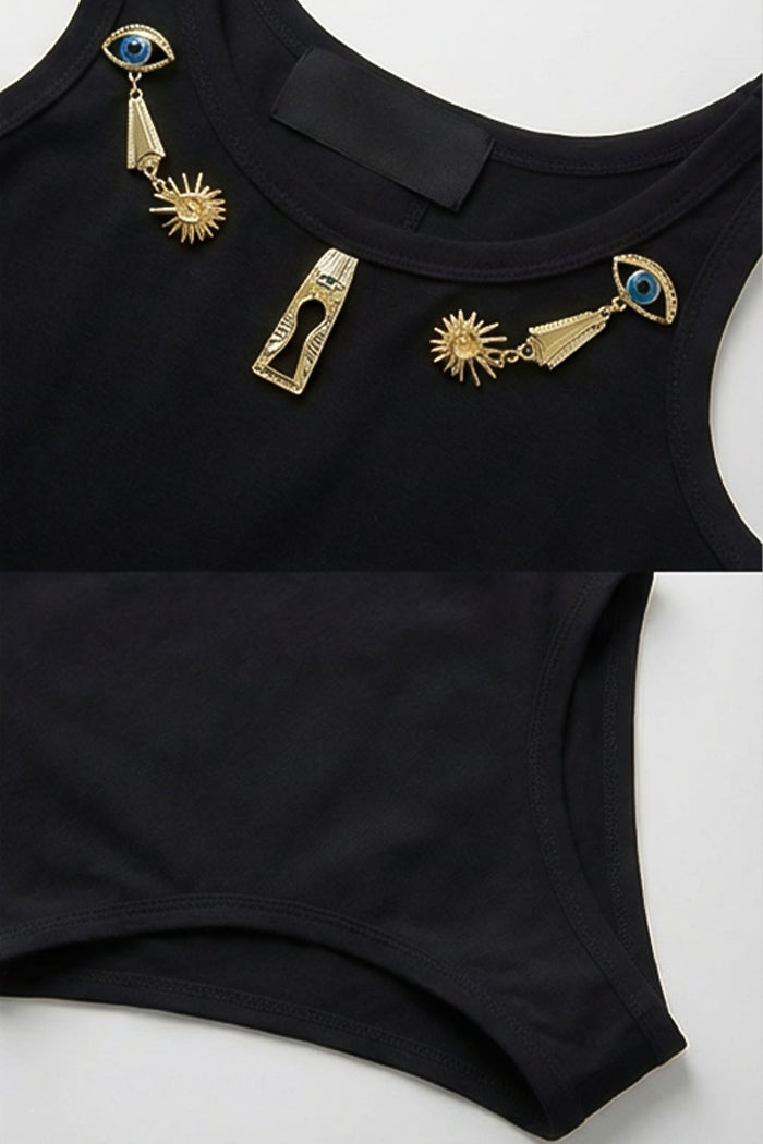Embellished Sleeveless Scoop Neck Bodysuit with Gold Charms – Black
