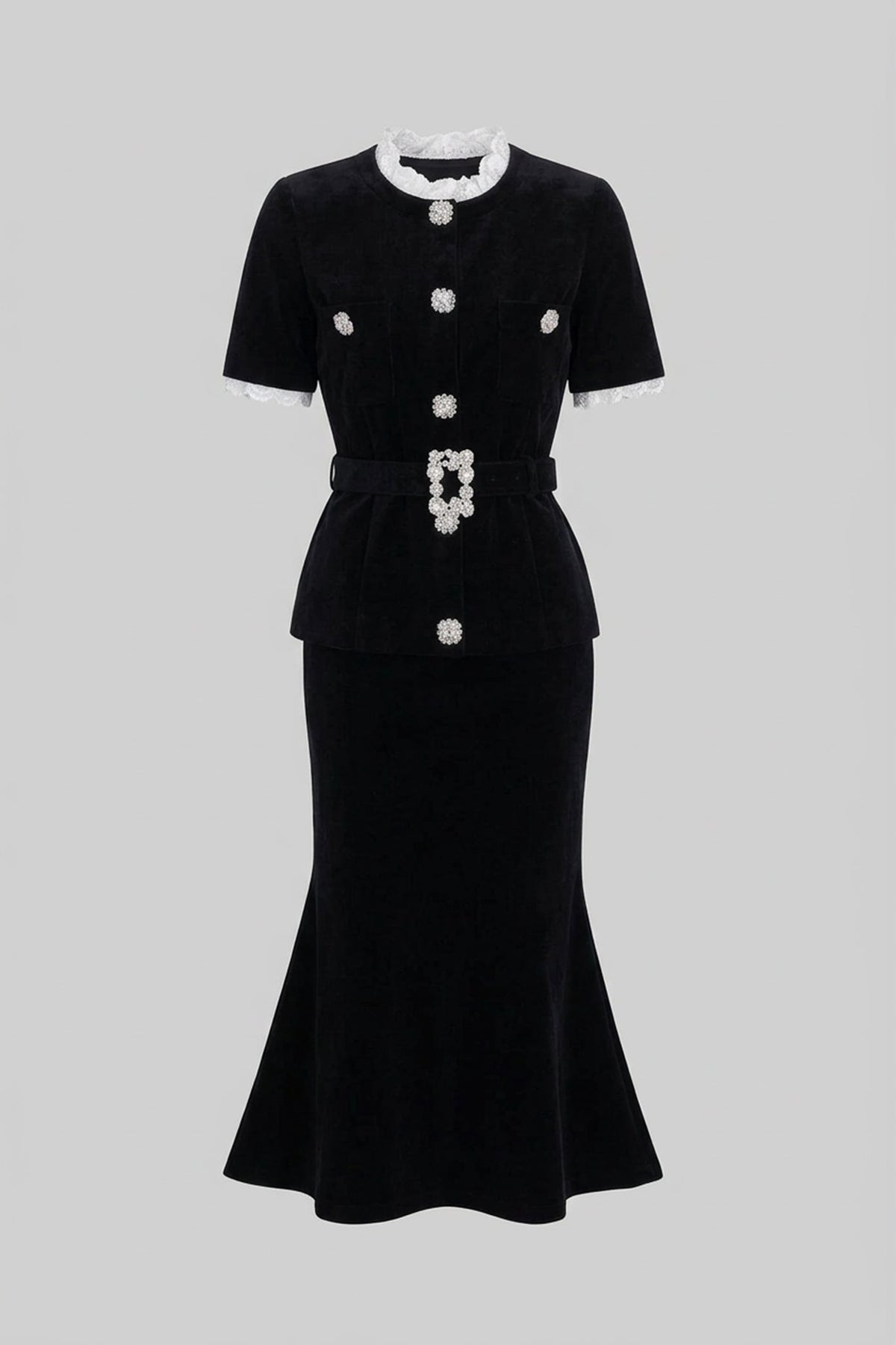 Peplum Knit Top and Fluted Midi Skirt Set with Crystal Belt – Black – view 2