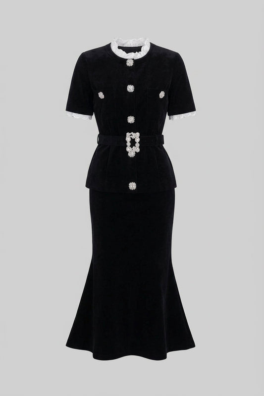Peplum Knit Top and Fluted Midi Skirt Set with Crystal Belt – Black – view 2