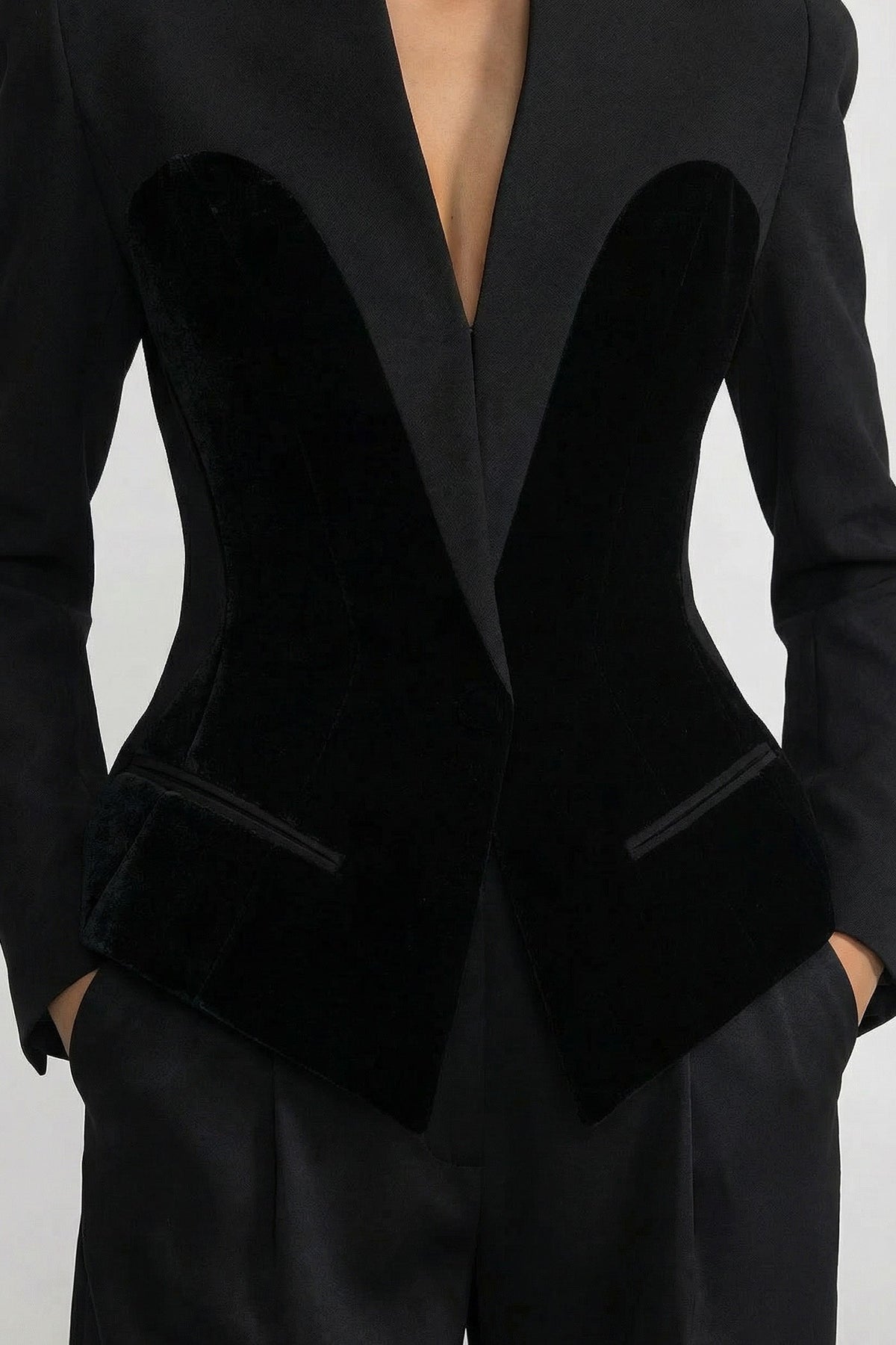 Plunge Neck Tailored Blazer with Velvet Corset-Style Panels – Black – view 3