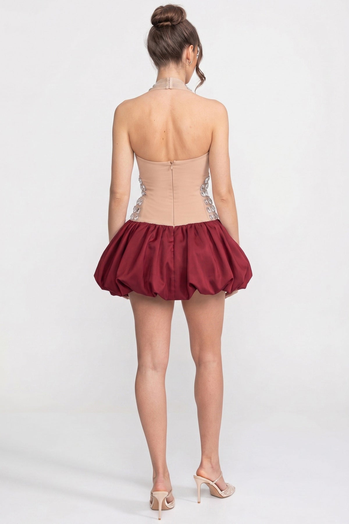 Deep V Halter Crystal Embellished Mini Dress with Bubble Skirt – Red – view 6