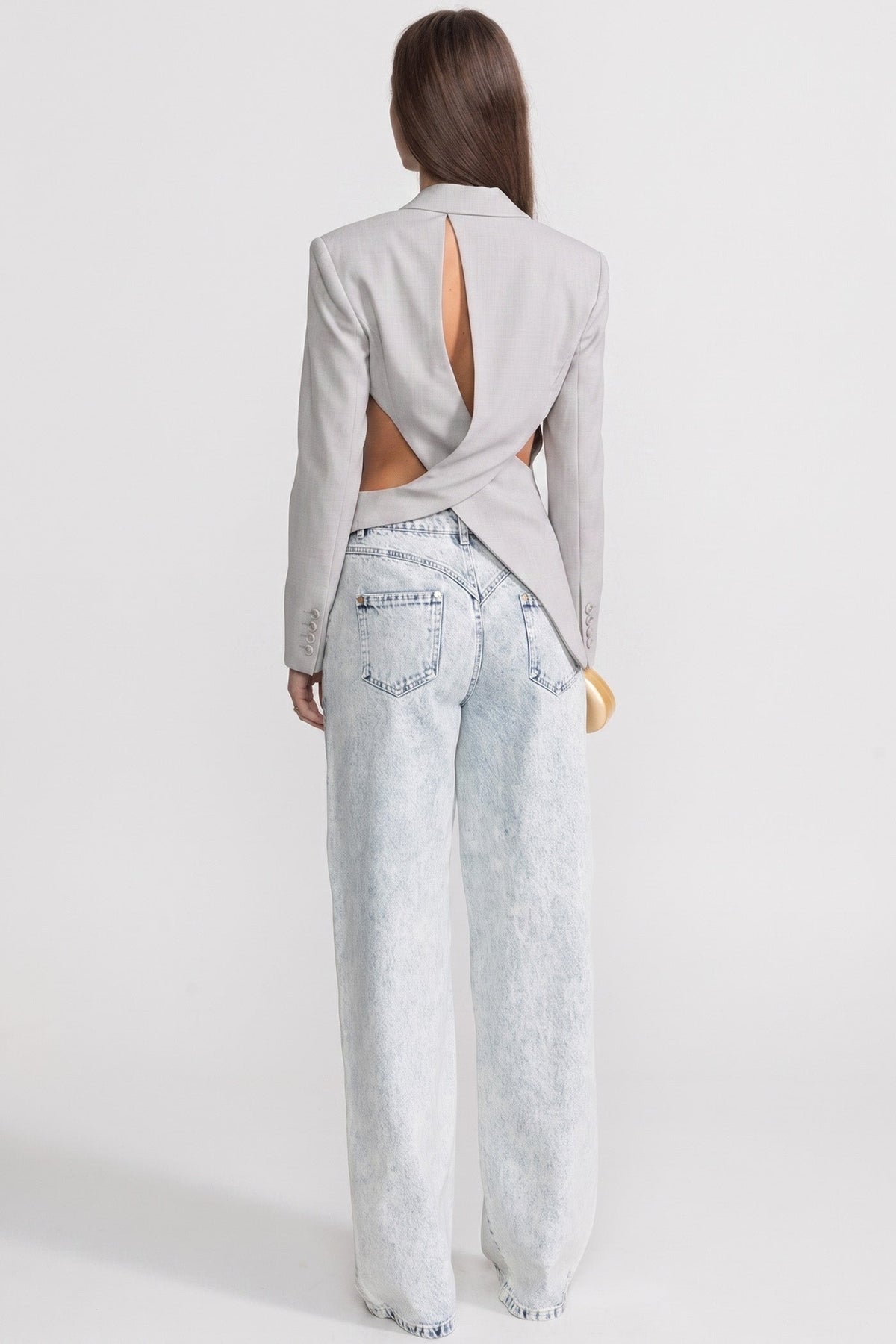 Asymmetric Cut-Out Blazer with Notched Lapels and Belt – Light Grey – view 4