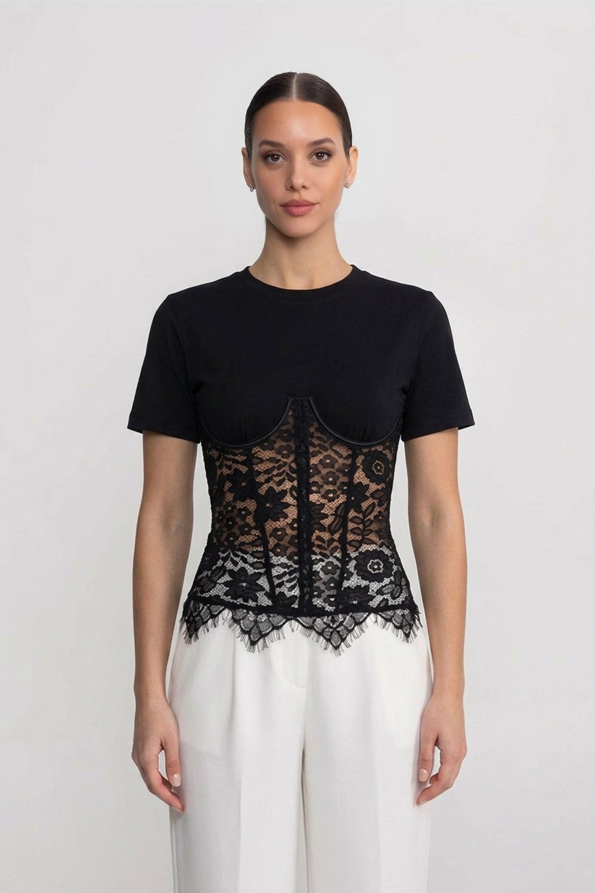 Short Sleeve Jersey Top with Lace Corset Overlay – Black – view 1