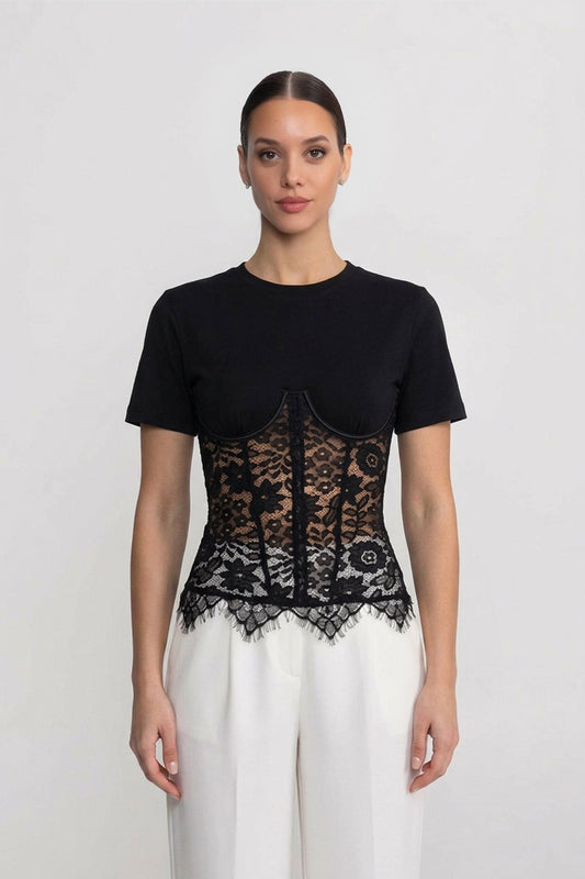 Short Sleeve Jersey Top with Lace Corset Overlay – Black