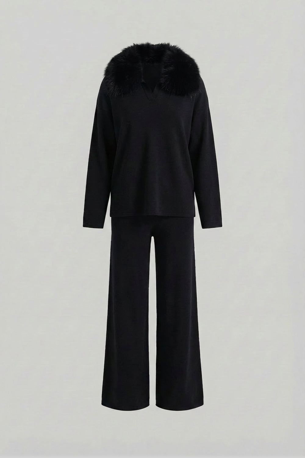 Knit Lounge Top and Straight Leg Trousers Set – Black – view 2
