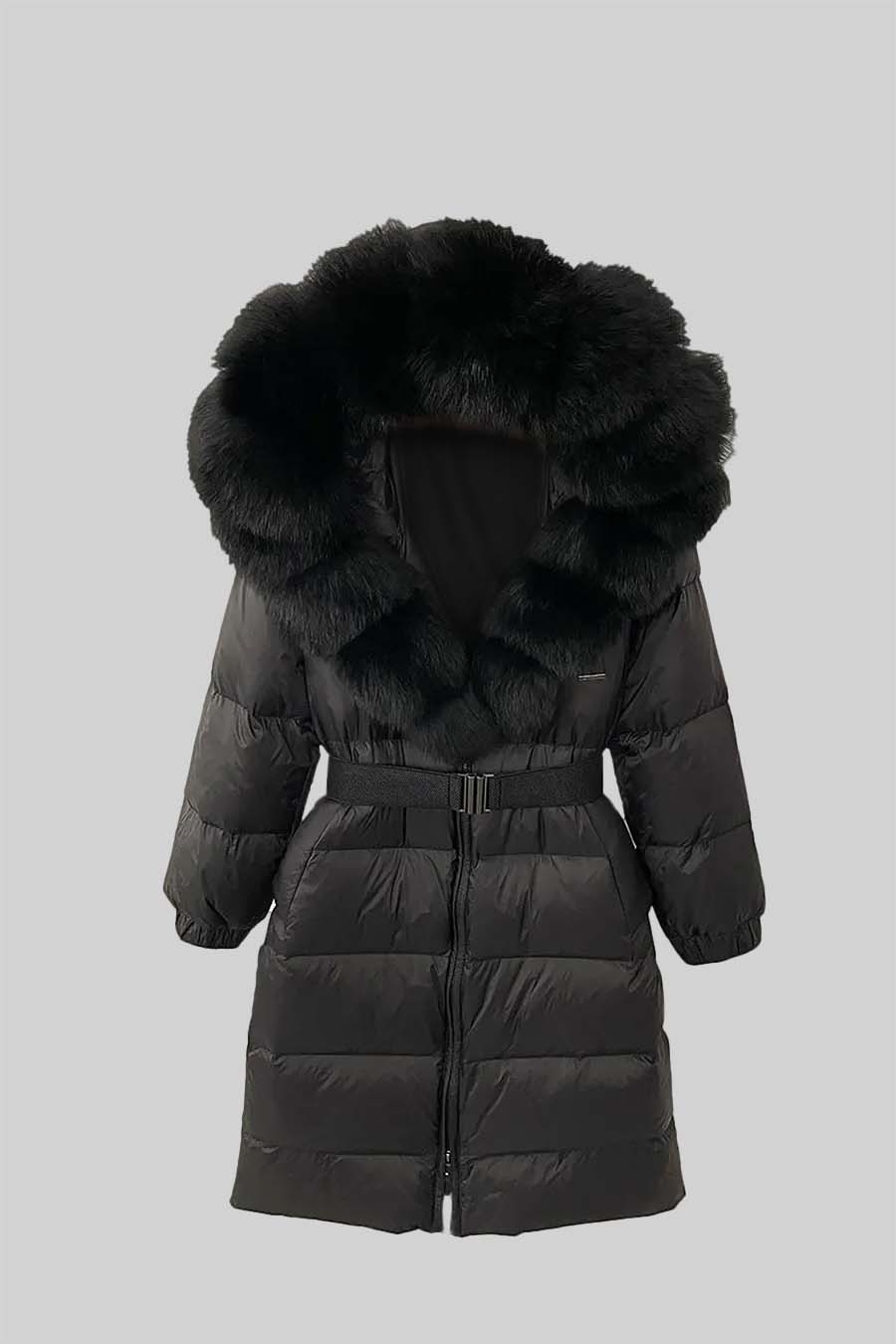 Long Duck Down Puffer Jacket with Black Lined Hood – Black