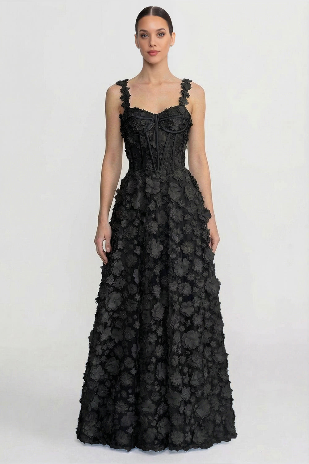 Floral Appliqué Corset Bodice Sweetheart Neck Maxi Dress – Black – view 3