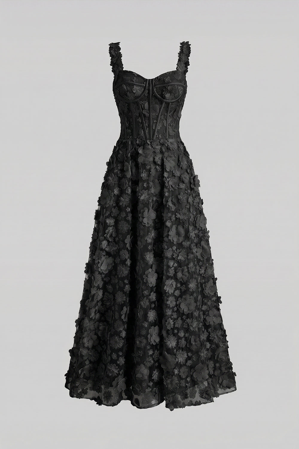 Floral Appliqué Corset Bodice Sweetheart Neck Maxi Dress – Black – view 5