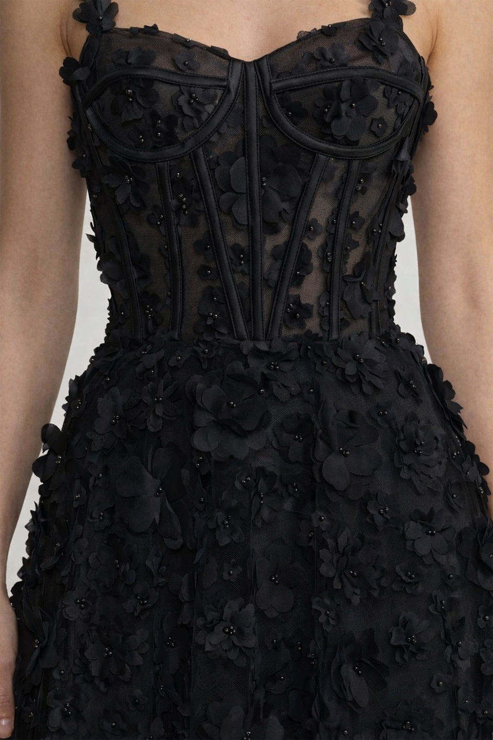 Floral Appliqué Corset Bodice Sweetheart Neck Maxi Dress – Black – view 6