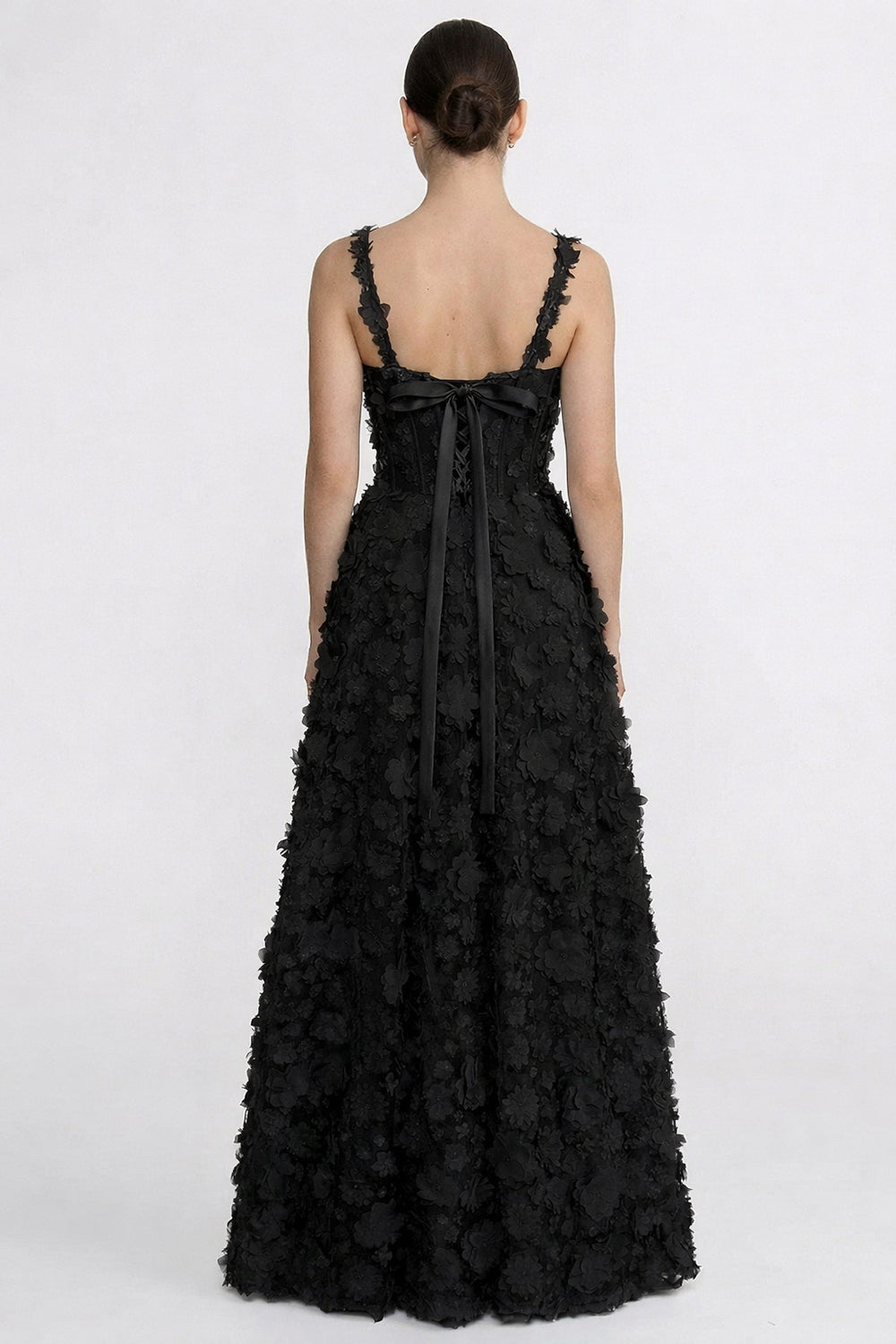 Floral Appliqué Corset Bodice Sweetheart Neck Maxi Dress – Black – view 7