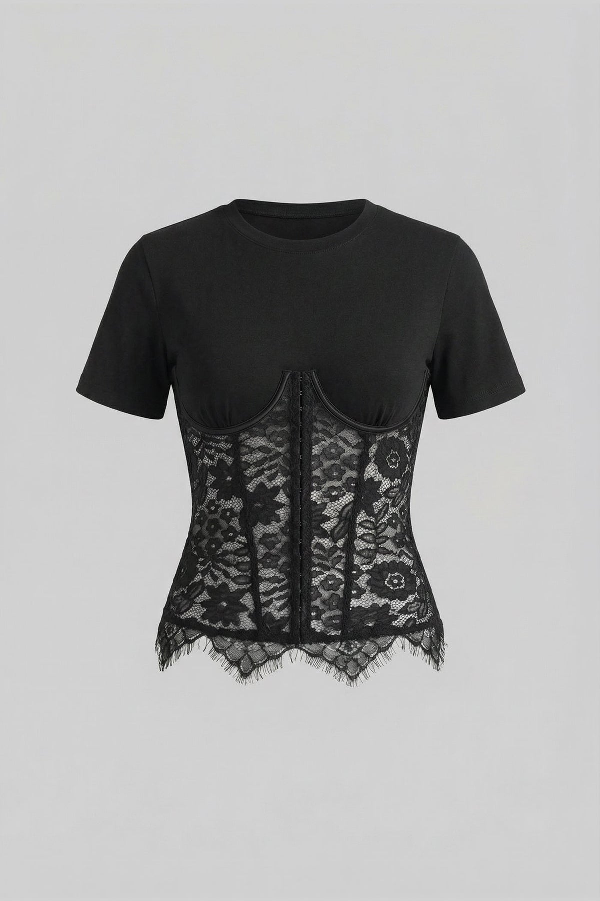 Short Sleeve Jersey Top with Lace Corset Overlay – Black – view 2