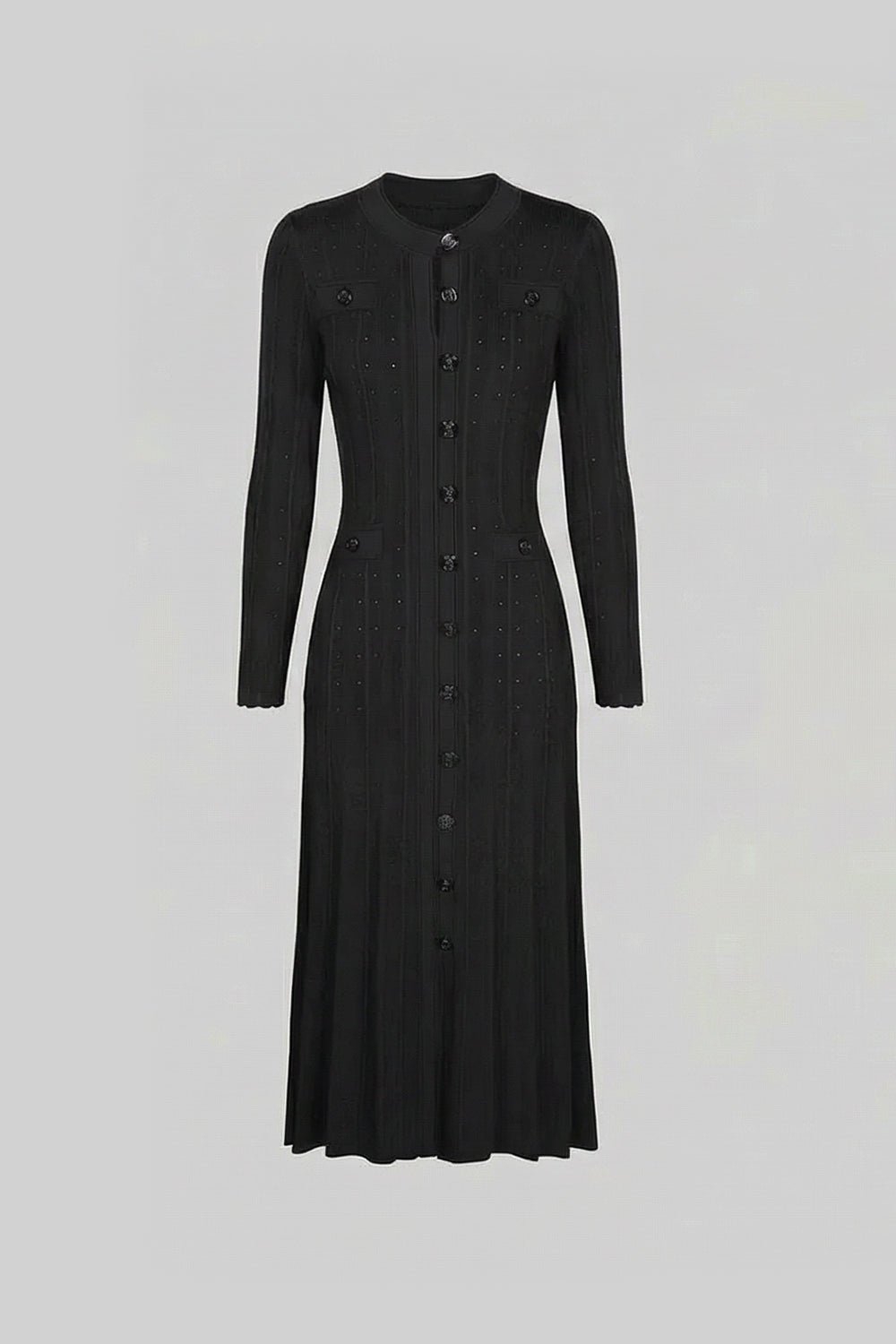 Pointelle Knit Button-Front Midi Dress with Keyhole Neck – Black – view 2