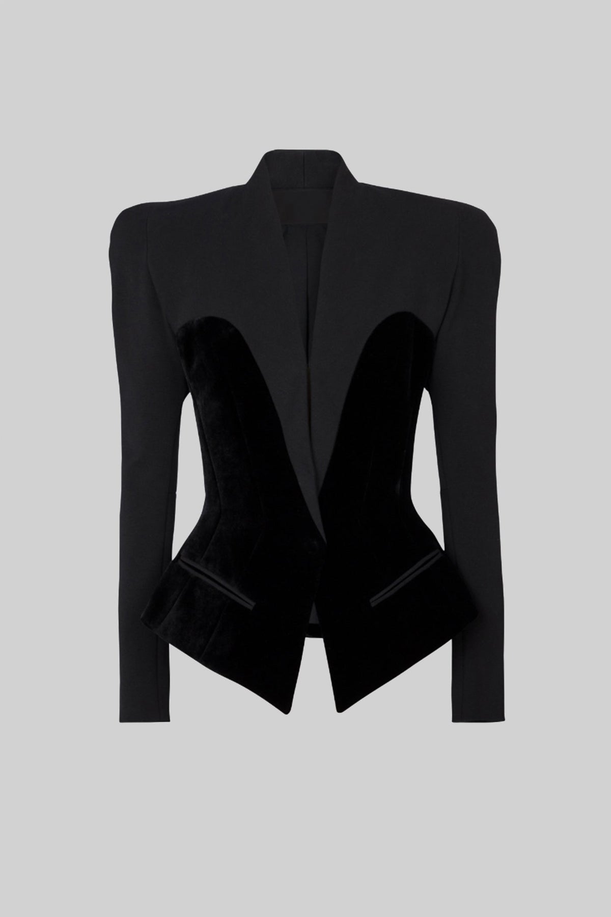 Plunge Neck Tailored Blazer with Velvet Corset-Style Panels – Black – view 2