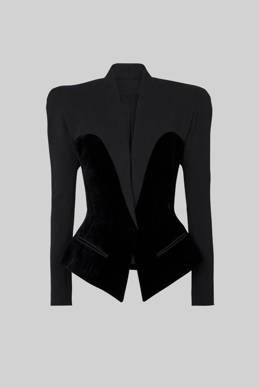 Plunge Neck Tailored Blazer with Velvet Corset-Style Panels – Black – view 2