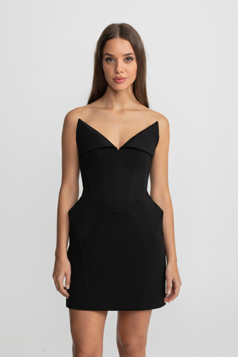 Structured Corset Mini Dress with Folded Collar Neckline – Black