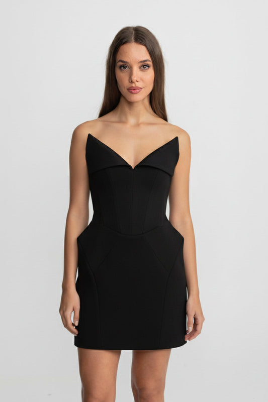 Structured Corset Mini Dress with Folded Collar Neckline – Black