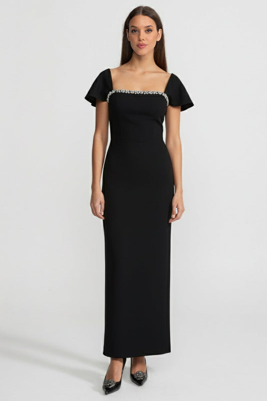 Off-Shoulder Fitted Maxi Gown with Crystal Trim and Cap Sleeves – Black