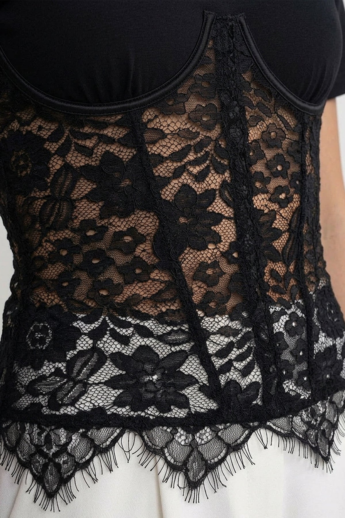 Short Sleeve Jersey Top with Lace Corset Overlay – Black – view 3