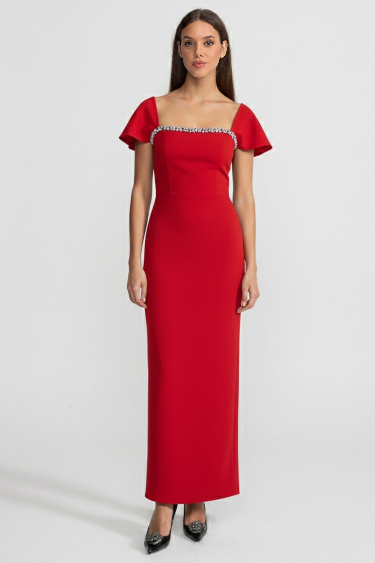 Off-Shoulder Fitted Maxi Gown with Crystal Trim and Cap Sleeves – Red – view 1