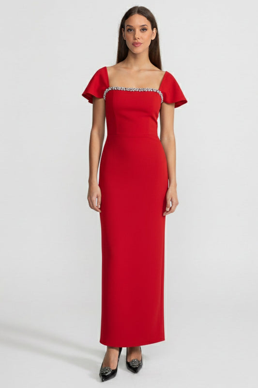 Off-Shoulder Fitted Maxi Gown with Crystal Trim and Cap Sleeves – Red