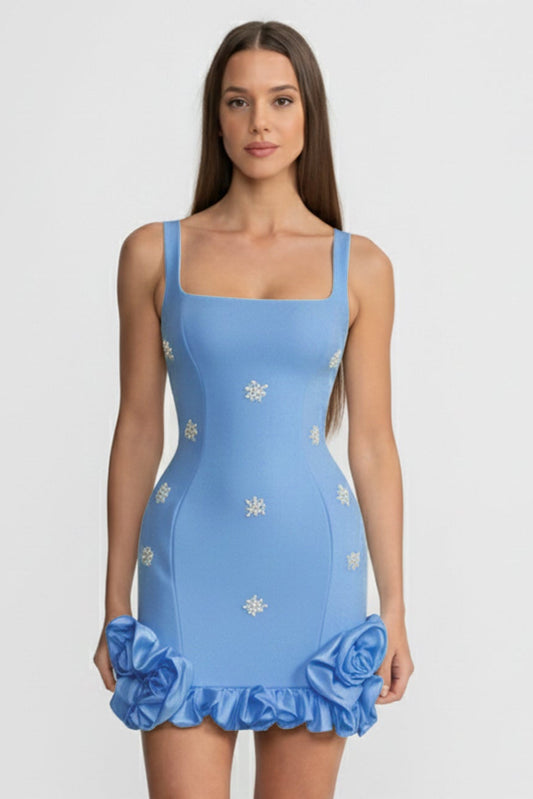 Square Neck Bodycon Mini Dress with Crystal Flowers – Baby Blue