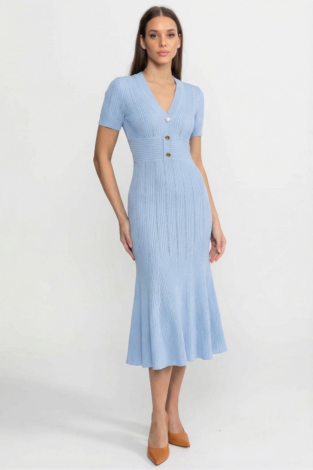 Ribbed Knit Deep V-Neck Short Sleeve Midi Dress with Gold Buttons – Blue
