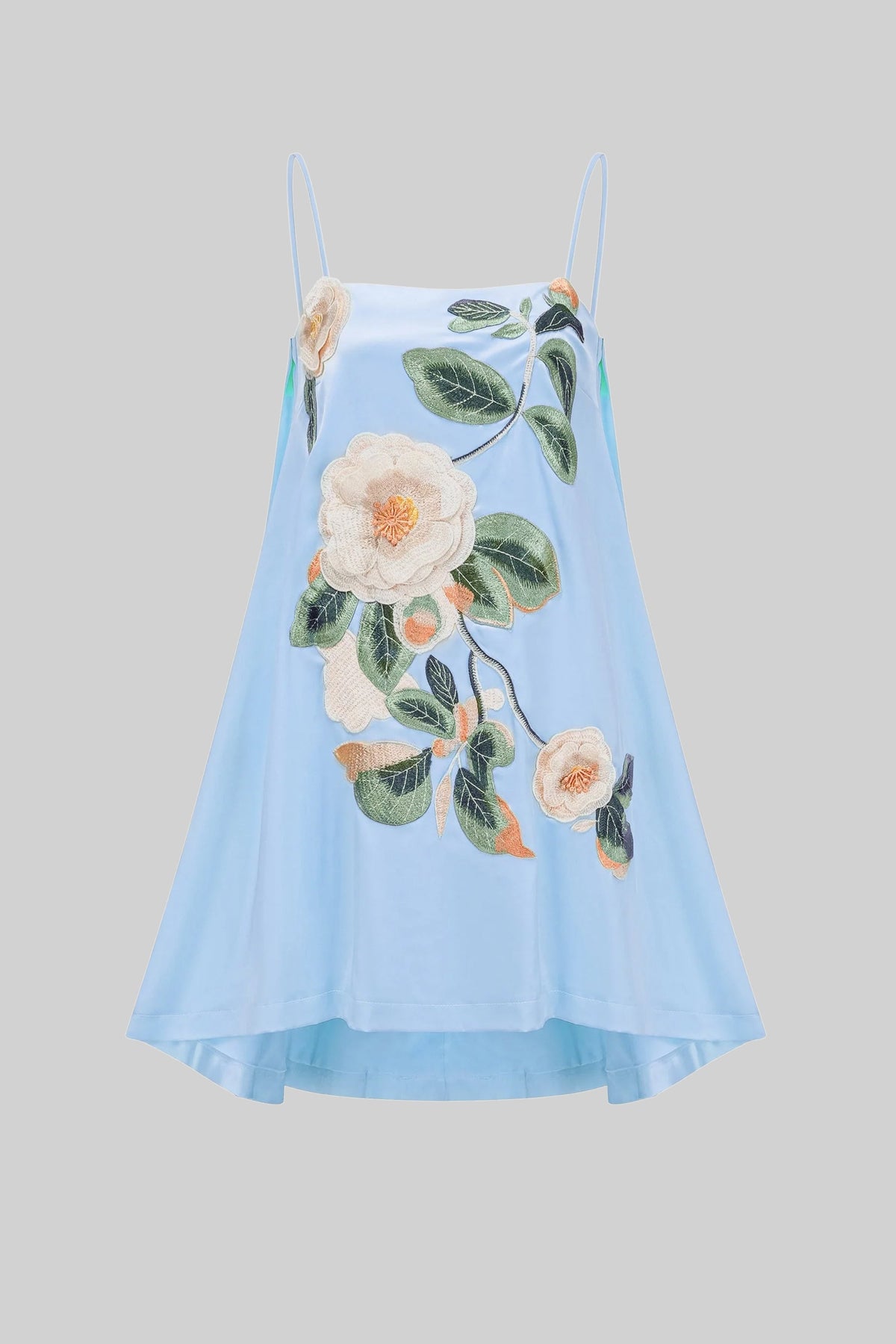 Spaghetti Strap A-Line Mini Dress with 3D Camellia Appliqué – Blue – view 3