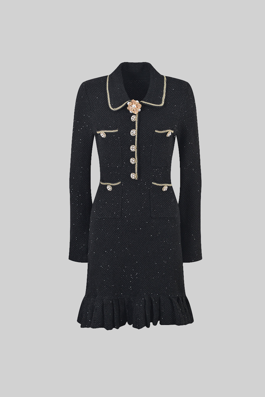 Long Sleeve Textured Knit Dress with Gold Flower Collar – Black