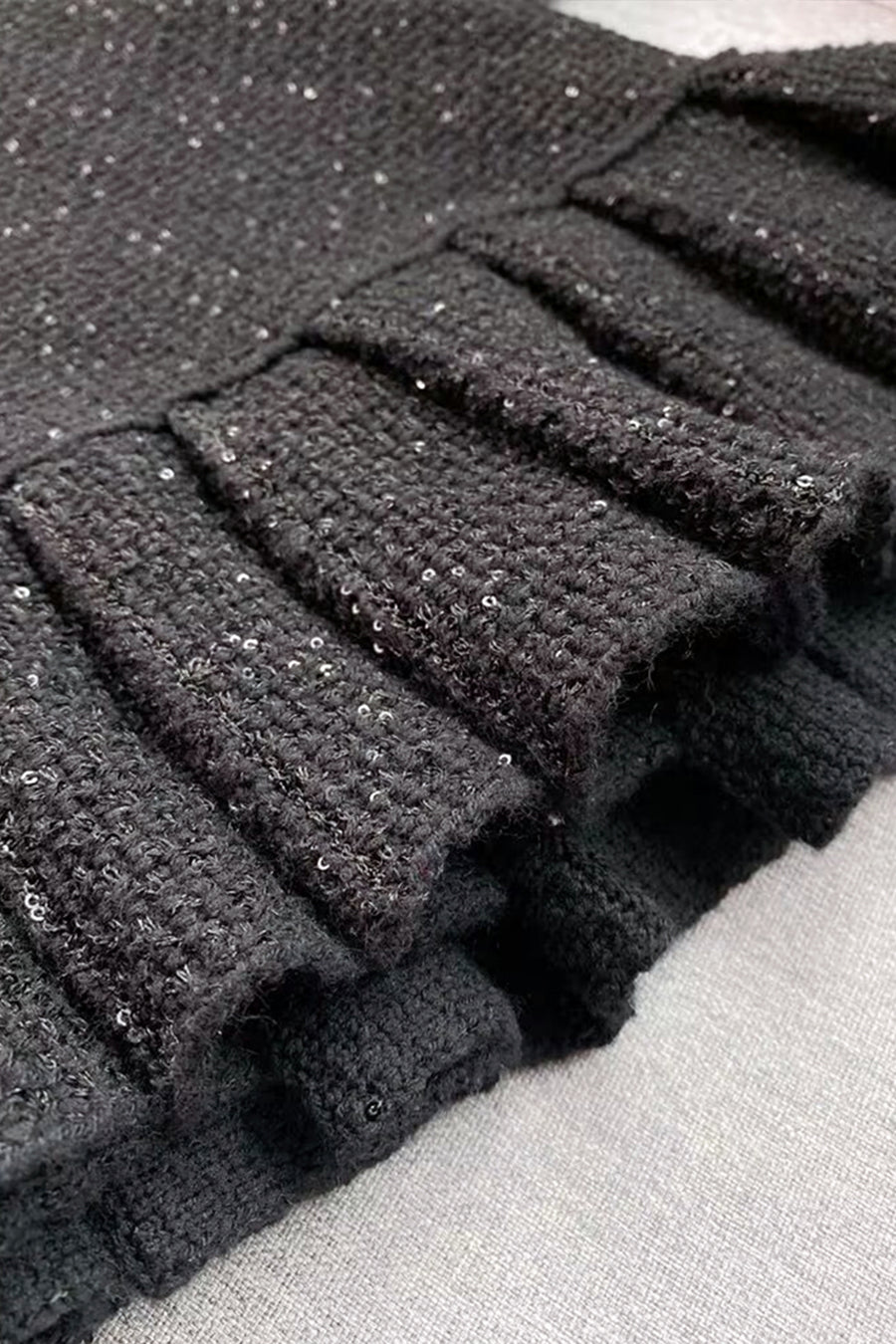 Long Sleeve Textured Knit Dress with Gold Flower Collar – Black – view 11