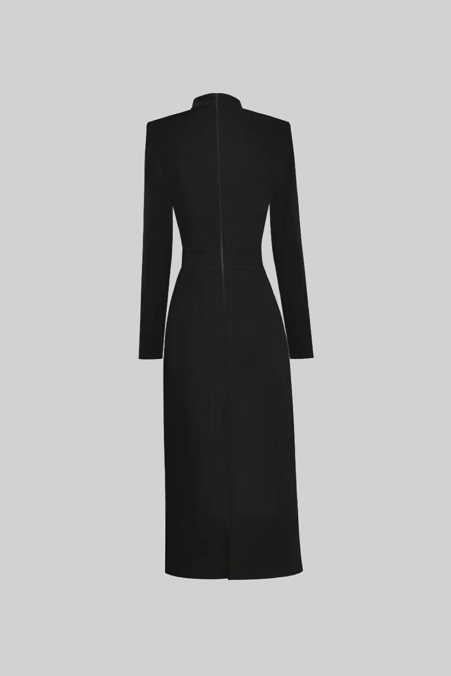Bow Collar Long Sleeve Fitted Dress with Gold Floral Buttons – Black – view 8