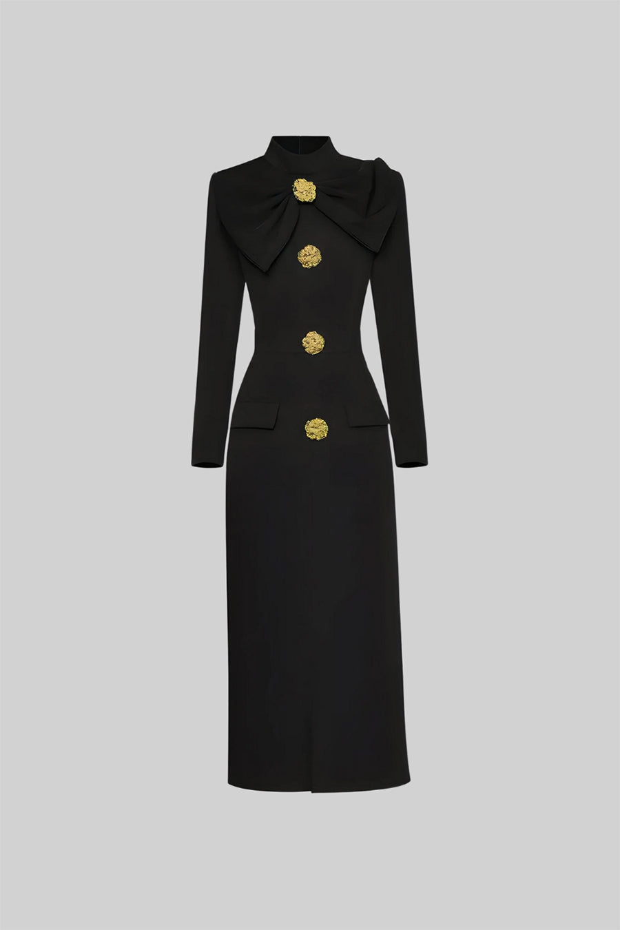 Bow Collar Long Sleeve Fitted Dress with Gold Floral Buttons – Black – view 2