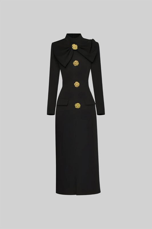 Bow Collar Long Sleeve Fitted Dress with Gold Floral Buttons – Black – view 2