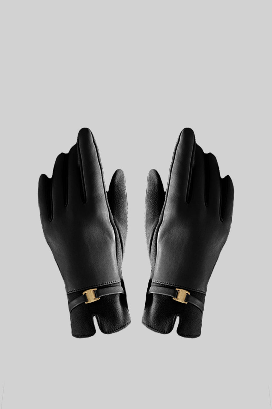 Vegan Leather and Faux Suede Gloves with Gold Buckle Detail – Black – view 3