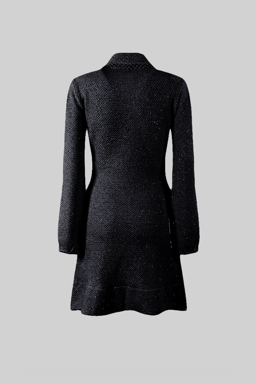 Long Sleeve Textured Knit Dress with Gold Flower Collar – Black – view 10