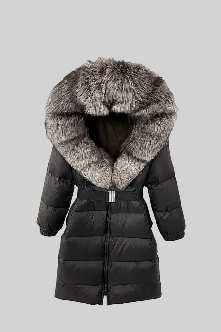 Long Duck Down Puffer Jacket with Grey Lined Hood – Black