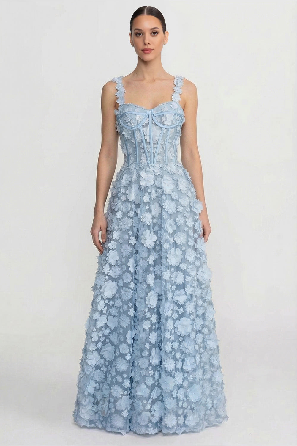 Floral Appliqué Corset Bodice Sweetheart Neck Maxi Dress – Blue – view 2