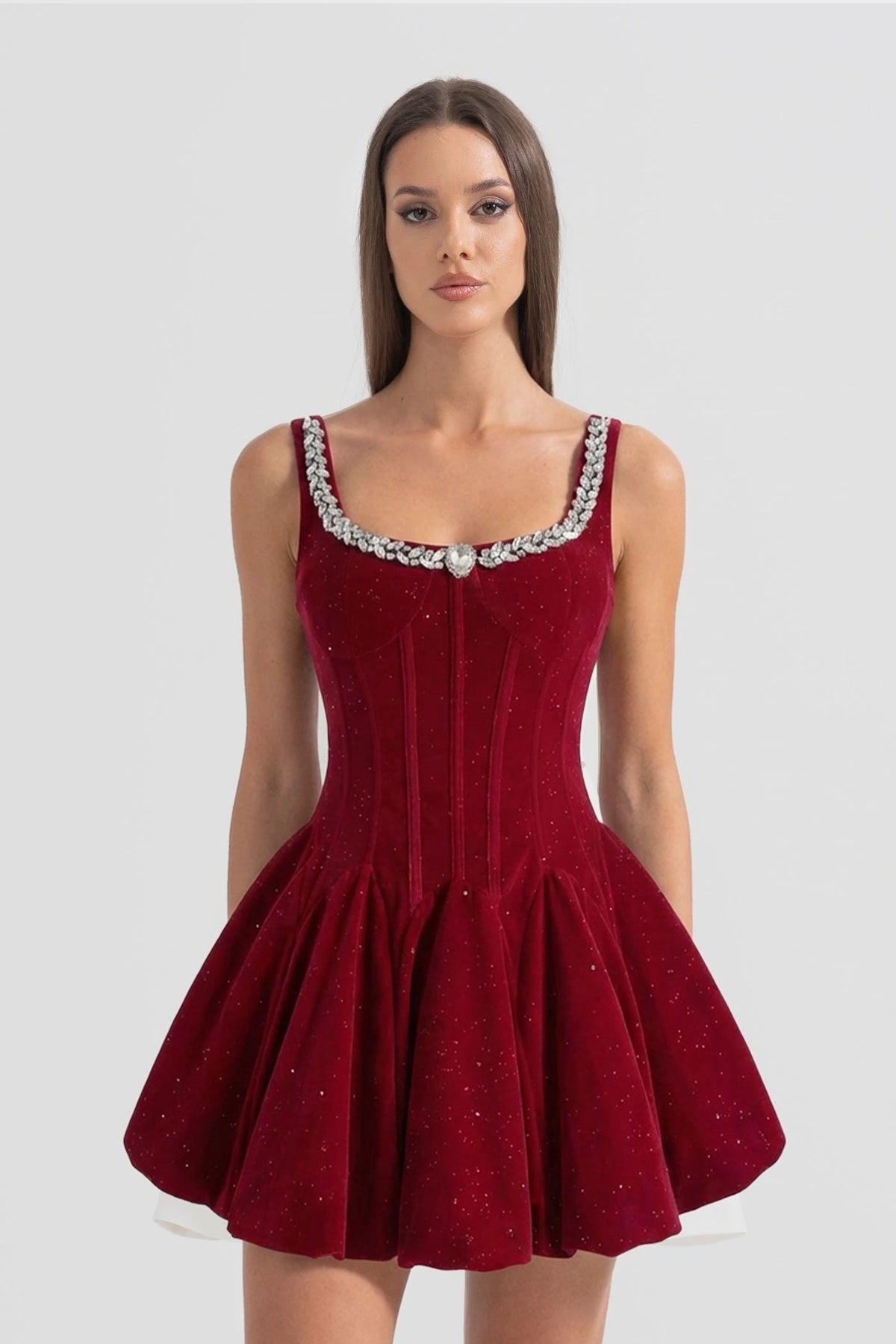 Velvet Corset Mini Dress with Crystal-Embellished Neckline – Burgundy – view 1