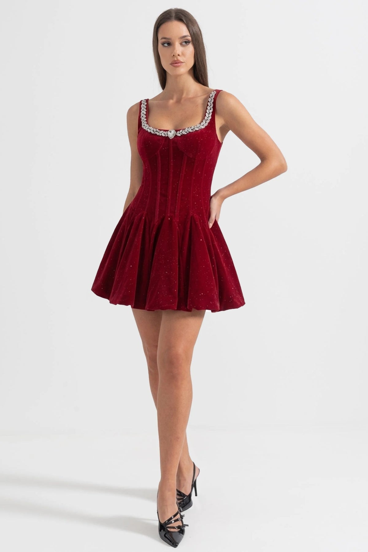 Velvet Corset Mini Dress with Crystal-Embellished Neckline – Burgundy – view 3