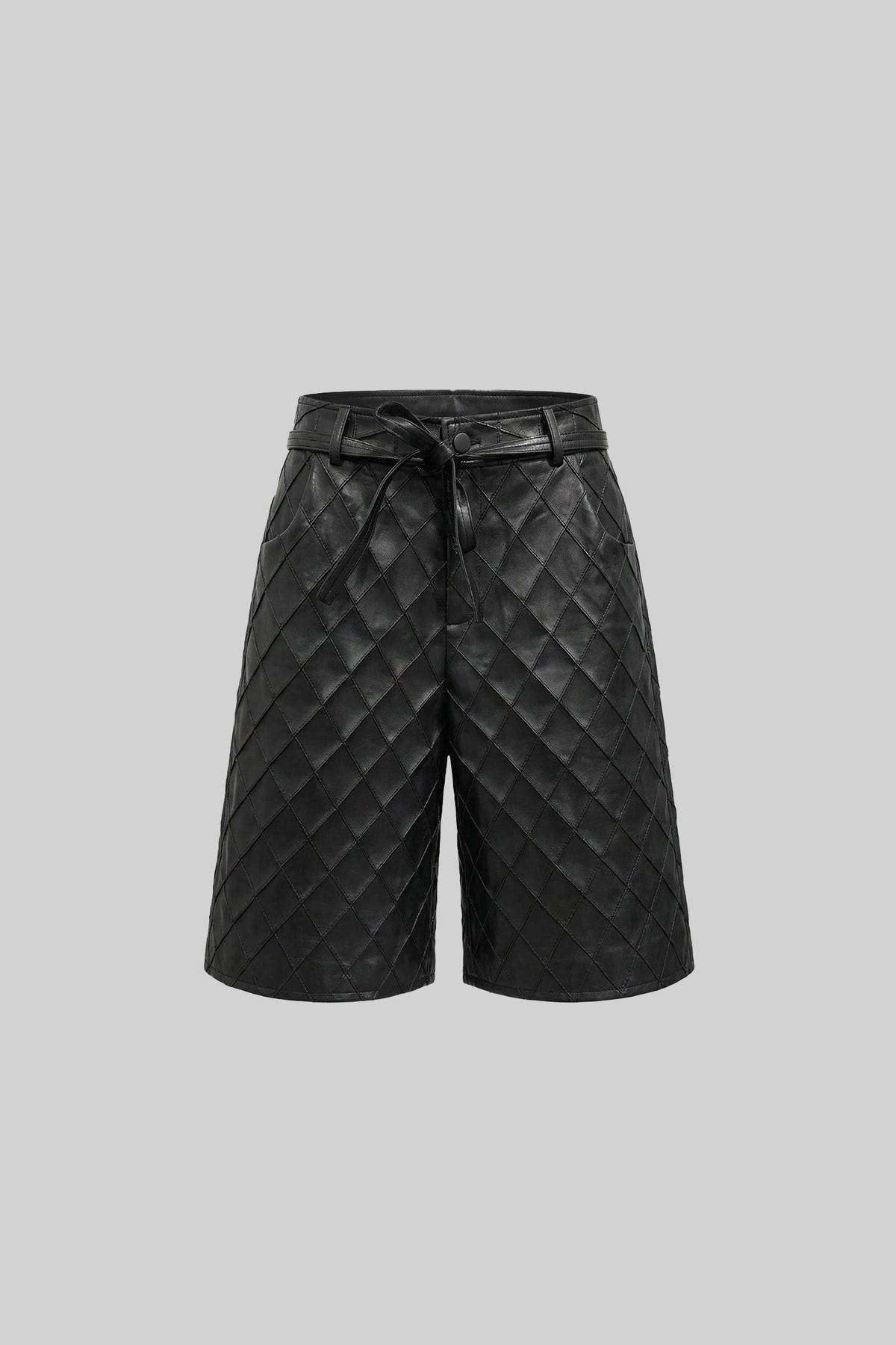 Quilted Faux Leather High Waisted Shorts with Self-Tie Belt – Black – view 2
