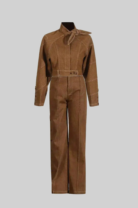 Suede Tie-Neck Cropped Jacket and Wide Leg Trousers Co-ord Set – Brown – view 2